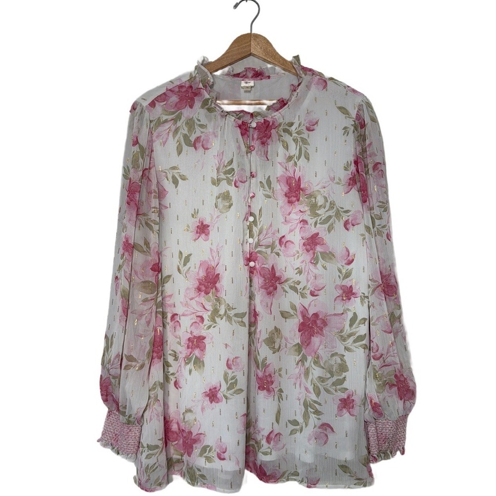 Autres Filles Floral Blouse 1X White Pink Metallic Boho Cottage Feminine Spring‎